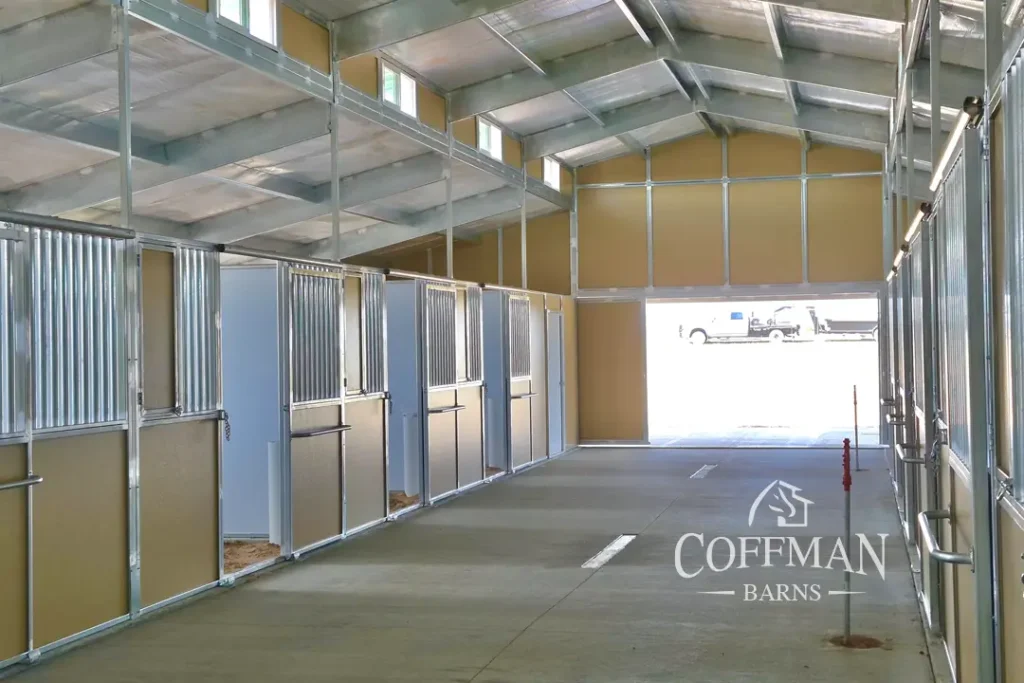 Nebraska Horse Training Barn Case Study by Coffman Barns - RCA Barn Interior Titan Stalls Image