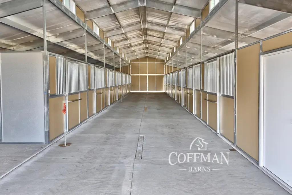 Nebraska Horse Training Barn Case Study by Coffman Barns - RCA Barn Interior Titan Stalls Image
