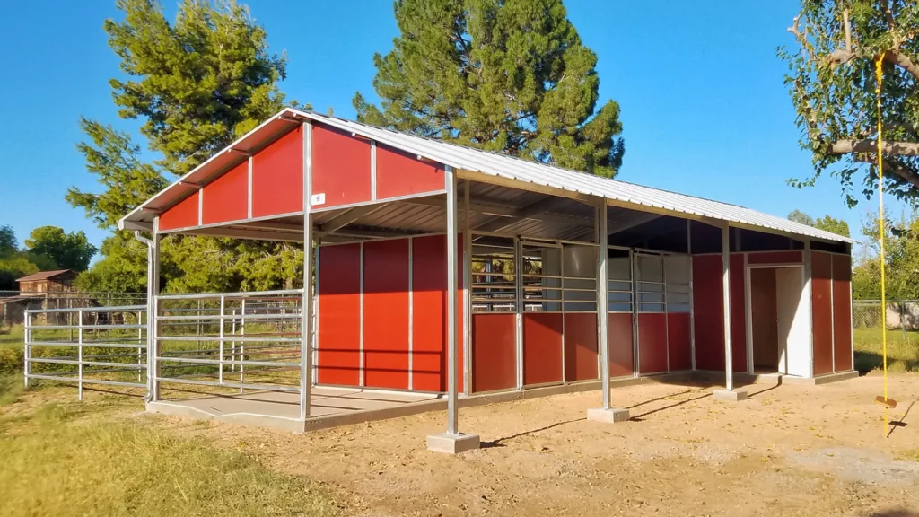7 Benefits of Shedrow Barns by Coffman Barns Banner Image of Red Shedrow